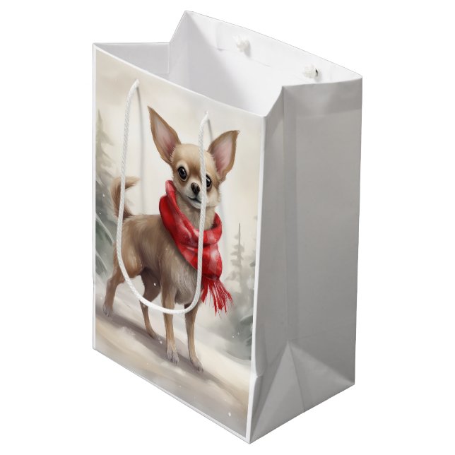 Sac Cadeau Moyen Chihuahua Chien dans Noël de neige (Devant Angle)