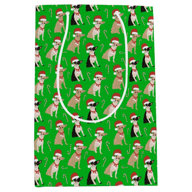 Sac Cadeau Moyen Chihuahua Santa Hat Sucre de canne vert Noël (Devant)