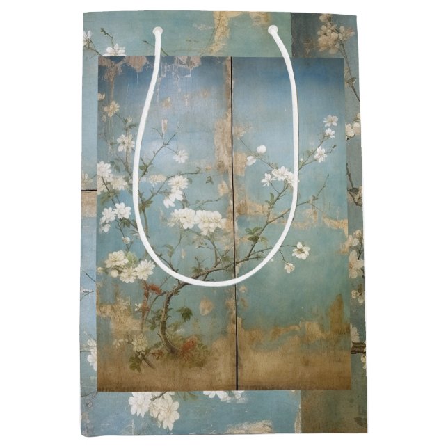 Sac Cadeau Moyen Chinoiserie Ancien Panneaux Bleus & Cherry Trees (Devant)