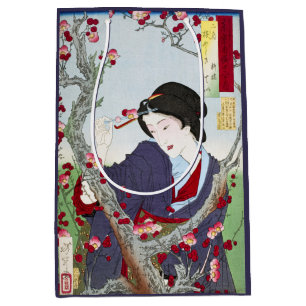 Sac Cadeau Moyen Chinoiserie Dame japonaise et fleur de cerisier ro