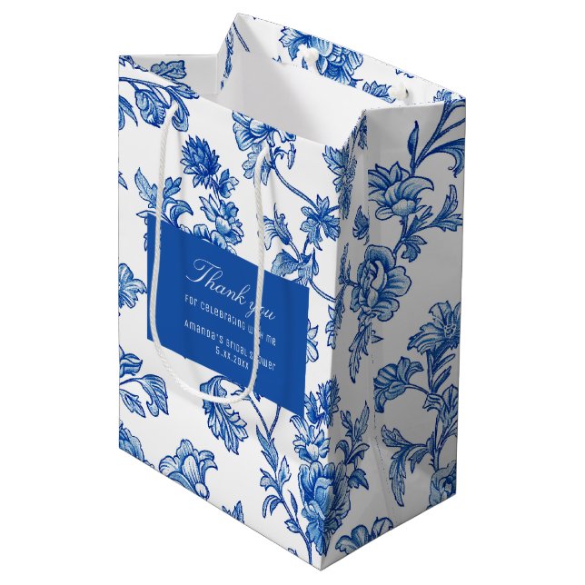 Sac Cadeau Moyen Chinoiserie Rose Pivoine Bleue et Blanche (Devant Angle)
