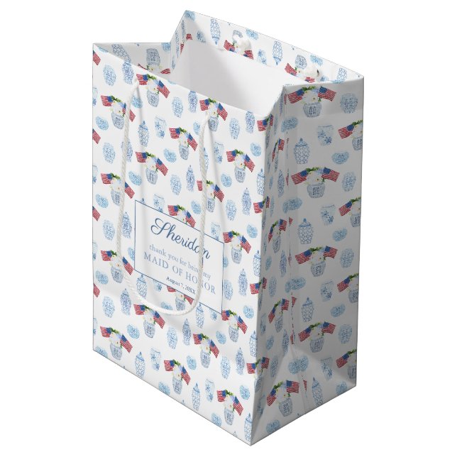 Sac Cadeau Moyen Chinoiserie Rouge Blanc Bleu Merci du mariage (Devant Angle)