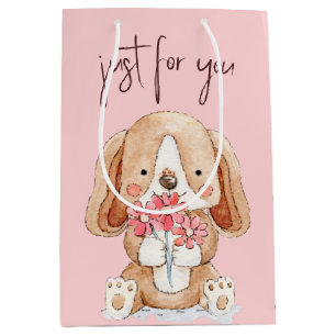 Sac Cadeau Moyen Chiot avec des fleurs