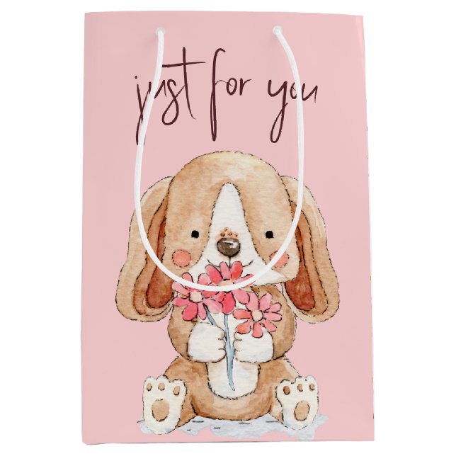 Sac Cadeau Moyen Chiot avec des fleurs (Devant)