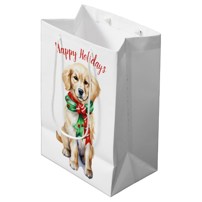 Sac Cadeau Moyen Chiot de Noël Golden Retriever (Devant Angle)