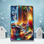 Sac Cadeau Moyen Chocolat chaud dans une fenêtre de Noël<br><div class="desc">Sacoche cadeau de Noël. Une jolie scène de Noël par fenêtre avec une tasse chaude de chocolat chaud à la vapeur,  des bougies allumées par nuit enneigée.</div>