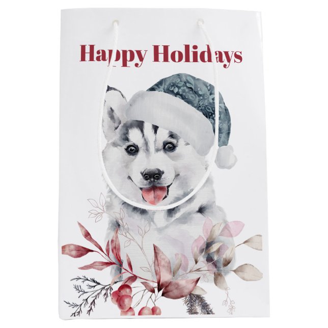 Sac Cadeau Moyen Chou Husky Chien Joyeux Vacances (Devant)