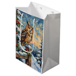 Sac Cadeau Moyen Chouette effraie vintage sur clôture gelée Noël