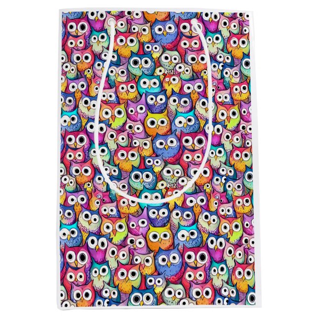 Sac Cadeau Moyen Chouette face caricature oiseaux raptor motif proi (Devant)