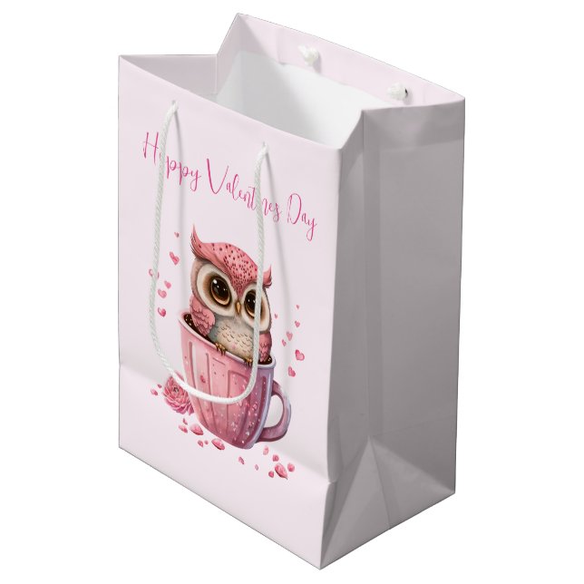 Sac Cadeau Moyen Chouette rose mignonne dans une coupe Saint-Valent (Devant Angle)