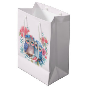 Sac Cadeau Moyen Chouettes amoureuses Assis sur une branche d'arbre