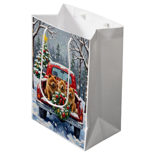 Sac Cadeau Moyen Chow Chow Christmas Red Truck Holiday (Devant Angle)