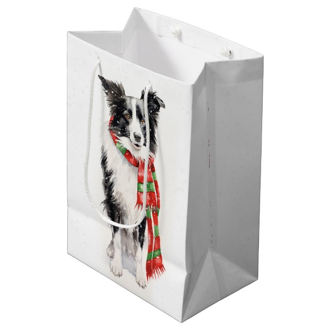 Sac Cadeau Moyen Christmas Border Collie In Snowflakes (Devant Angle)
