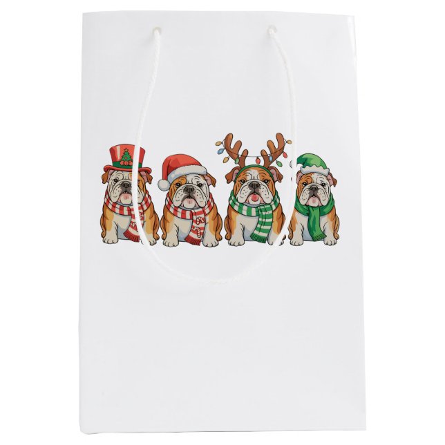Sac Cadeau Moyen Christmas English Bulldog Dog Santa Hat Reindeer (Devant)