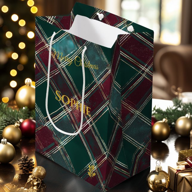 Sac Cadeau Moyen Christmas Gift Bag Green Plaid Tartan Design (Créateur téléchargé)