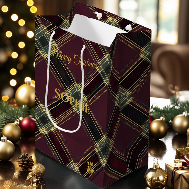 Sac Cadeau Moyen Christmas Gift Bag Plaid Tartan Gold Pattern (Créateur téléchargé)