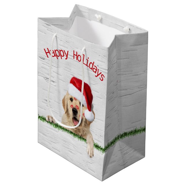 Sac Cadeau Moyen Christmas Golden Retriever Avec Libstick M'Embrass (Devant Angle)