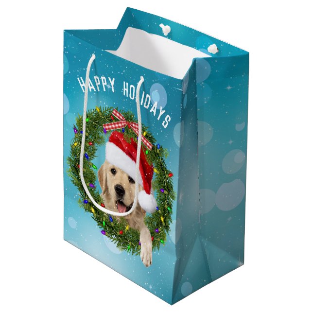 Sac Cadeau Moyen Christmas Golden Retriever sur aqua bokeh (Devant Angle)