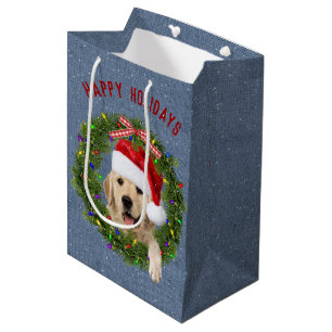 Sac Cadeau Moyen Christmas Golden Retriever sur denim