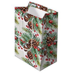 Sac Cadeau Moyen Christmas Holly et Pinecones