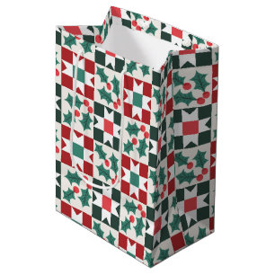 Sac Cadeau Moyen Christmas Holly Feuille Geo Quilt
