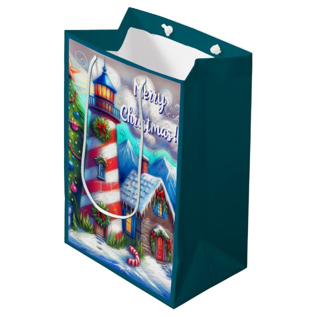 Sac Cadeau Moyen Christmas Lighthouse Nautical Coastal Mountain (Devant Angle)