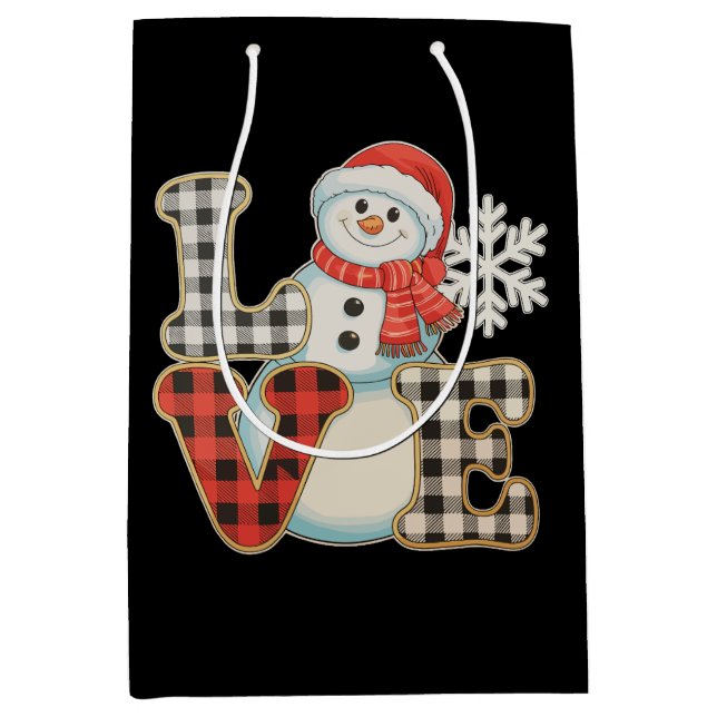 Sac Cadeau Moyen Christmas Love Cute Snowman Buffalo Plaid Winter (Devant)