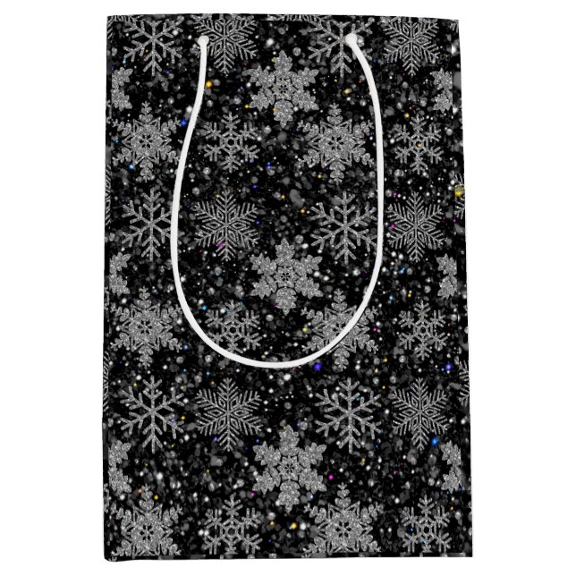 Sac Cadeau Moyen Christmas silver sparkle snow flakes (Devant)