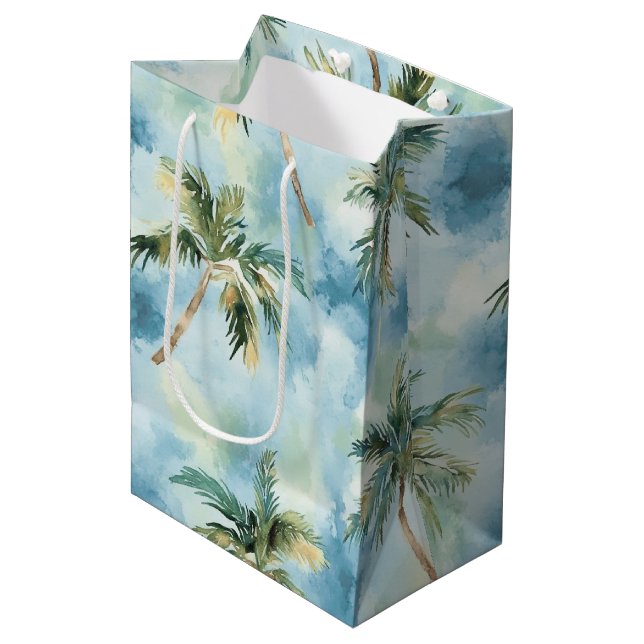 Sac Cadeau Moyen Cieux Bleus Île Tropicale Palmiers Anniversaire (Devant Angle)