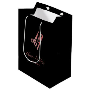 Sac Cadeau Moyen Ciseaux et peigne en or rose sur fond noir