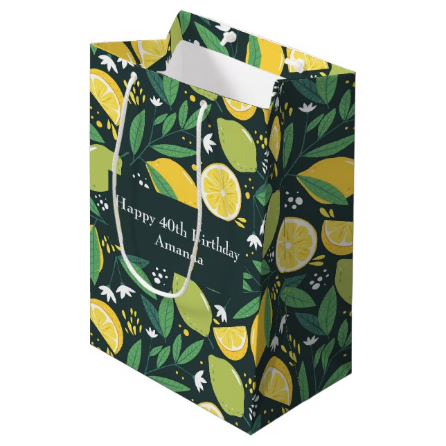 Sac Cadeau Moyen Citron et Limes Fruit Motif Joyeux anniversaire (Devant Angle)