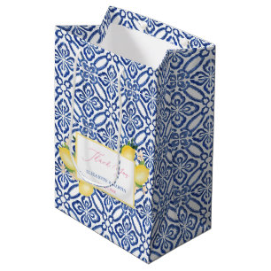Sac Cadeau Moyen Citrons italiens Carreaux bleu et blanc Mariage