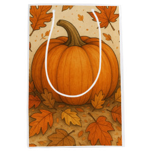 Sac Cadeau Moyen Citrouille d'automne d'or et Feuille en chute