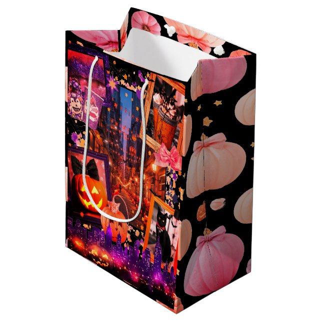 Sac Cadeau Moyen Citrouille d'Halloween noir (Devant Angle)