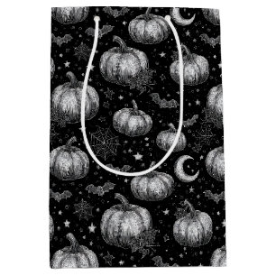 Sac Cadeau Moyen Citrouille d'Halloween noir et blanc, chauve-souri