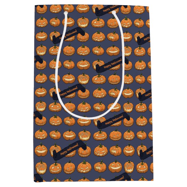 Sac Cadeau Moyen Citrouille drôle Jack O Lantern Joyeux Halloween ! (Devant)