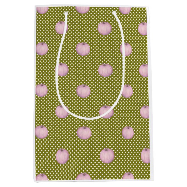 Sac Cadeau Moyen Citrouille rose Sage Vert mignon Pois (Devant)
