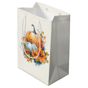 Sac Cadeau Moyen Citrouilles d'automne avec Fleurs et Foliage