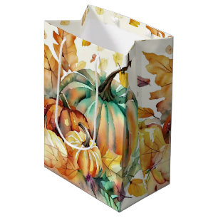 Sac Cadeau Moyen Citrouilles et feuilles aquarelles colorées