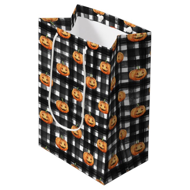 SAC CADEAU MOYEN CITROUILLES ORANGE AVEC PLAIGNÉ NOIR & BLANC (Devant Angle)