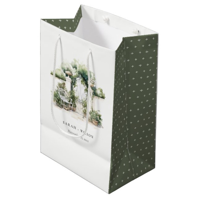 Sac Cadeau Moyen Classé Français Jardin Paysage Mariage d'aquarelle (Devant Angle)