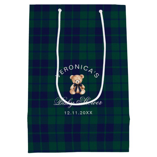 Sac Cadeau Moyen Classic Teddy Bear Navy Plaid Baby Shower (Dos)
