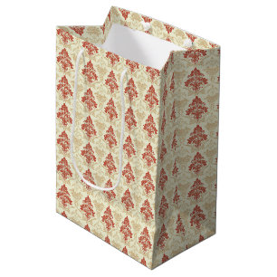 Sac Cadeau Moyen Classique Vintage Damassé Rouge Vert Beige