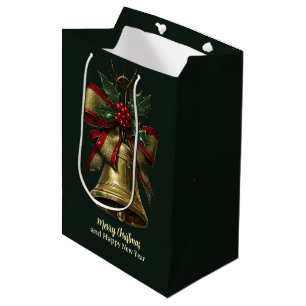 Sac Cadeau Moyen Cloche de Noël en or élégante avec ruban de fête e