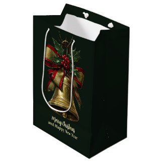 Sac Cadeau Moyen Cloche de Noël en or élégante avec ruban de fête e