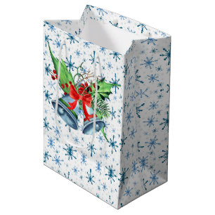 Sac Cadeau Moyen Cloches de Noël en argent, Holly et Flakes à neige