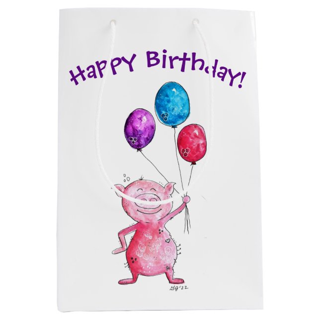 Sac Cadeau Moyen Cochon rose géant avec ballons (Devant)