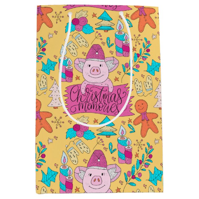 Sac Cadeau Moyen Cochons de Noël festifs (Devant)