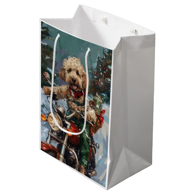 Sac Cadeau Moyen Cockapoo Chien à Moto Noël (Devant Angle)