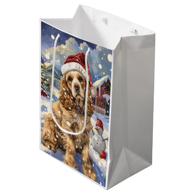 Sac Cadeau Moyen Cocker Spaniel Winter Wonderland Noël Joie (Devant Angle)